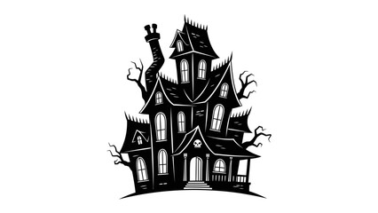 Creepy Haunted House Silhouette: An eerie, silhouetted haunted house stands ominously against the night sky, with gnarled trees and spooky architectural details creating a sense of dread and mystery. © Mf