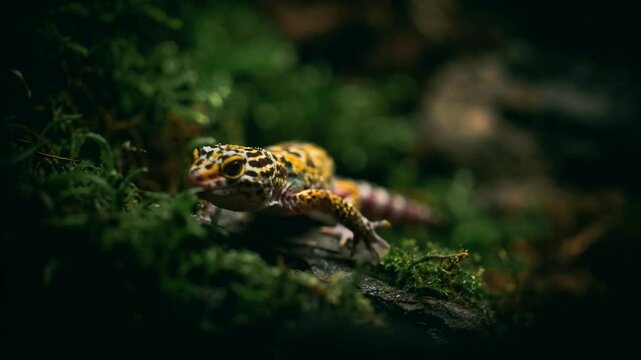 Colorful Leopard Gecko Resting on Mossy Log in Dark Forest Nature Setting