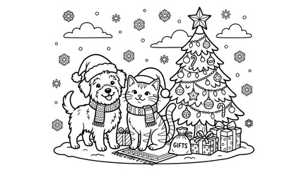 Fototapeta premium Cute Dog and Cat with Christmas Tree Coloring Page for Kids