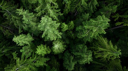 Fototapeta premium Lush evergreen pine trees viewed from a high aerial perspective showing dense vibrant canopy foliage within a wild temperate forest