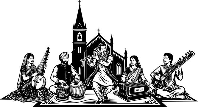 Vintage black and white street musicians playing guitar, bongo drums and cello silhouette illustration isolated on white background

