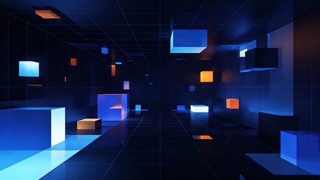Futuristic Wireframe Grid Room Floating Cubes Blue Orange Lights Perspective Vanishing Point Background