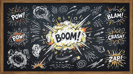 Comic Book Explosion Onomatopoeia Chalkboard Illustration, Boom Pow Zap Hand Drawn Chalk Effect for Education Presentation © PYARA