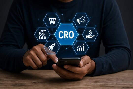Business professional analyzing cro conversion rate optimization metrics on digital interface with icons