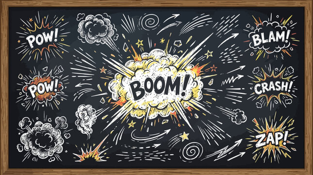 Comic Book Explosion Onomatopoeia Chalkboard Illustration, Boom Pow Zap Hand Drawn Chalk Effect for Education Presentation
