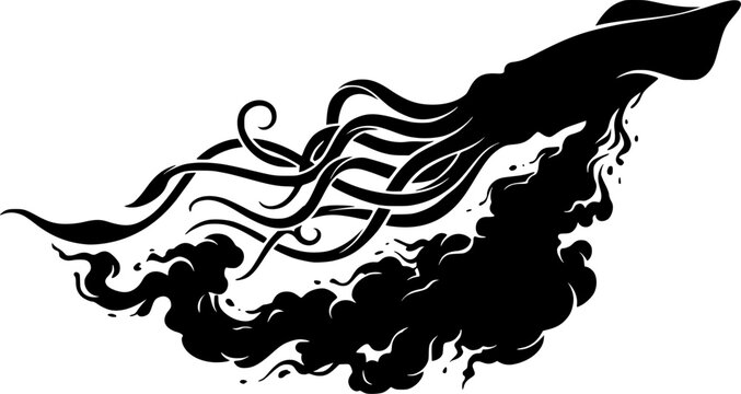 Black squid silhouette illustration with tentacles and red suckers in dynamic underwater wave motion isolated on white background
