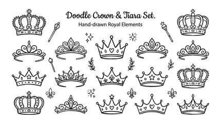 Crown and Tiara Doodle Set Hand Drawn Royal Princess Queen Accessories Sketch Line Art Vector Elements © PYARA