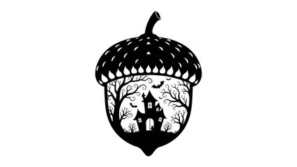 Spooky Acorn Silhouette: A detailed silhouette of an acorn reveals a haunted house, silhouetted trees, and bats, creating a festive and eerie Halloween scene. © hasem