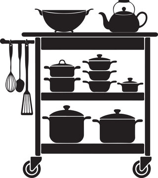 Mobile kitchen cart with pots, pans, and utensils