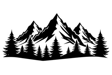 Obraz premium Majestic mountain range vector illustration, rugged alpine peaks and towering pine trees, black and white nature landscape graphic, outdoor adventure and wilderness design element