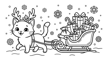 Charming feline in reindeer antlers pulling a sleigh filled with gifts through a winter wonderland scene © Tulippp