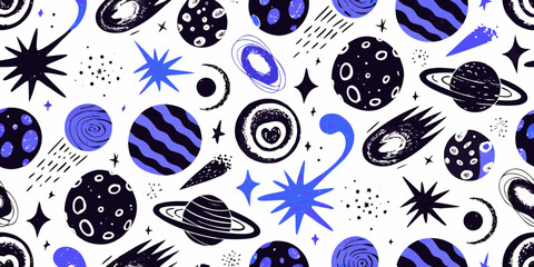 Celestial objects vector pattern with stars planets and galaxies © Sujal