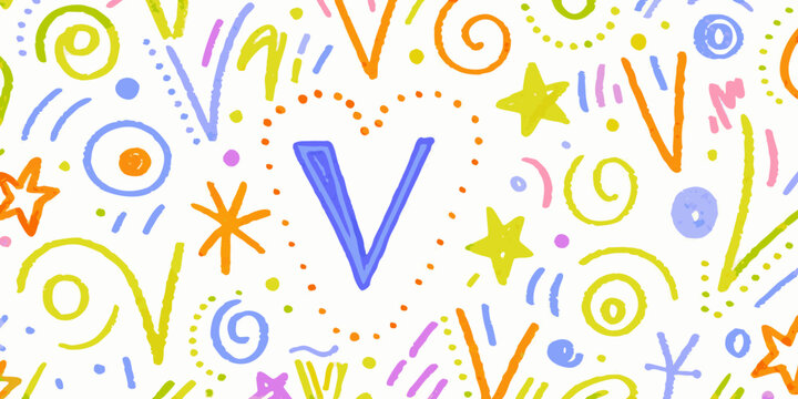 Colorful doodle pattern with letter v and abstract shapes on white background