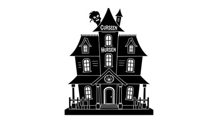 Spooky Victorian Mansion Silhouette: An eerie black silhouette of a Victorian-style mansion, complete with a pointed roof and spooky character peeking out, stands against a stark white background. © hasem