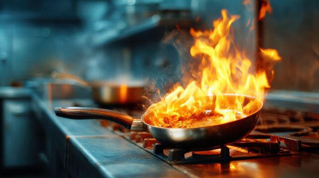 A captivating image showing a pan on fire amidst a busy kitchen, emphasizing the energy and excitement found in culinary creations and the art of cooking.
