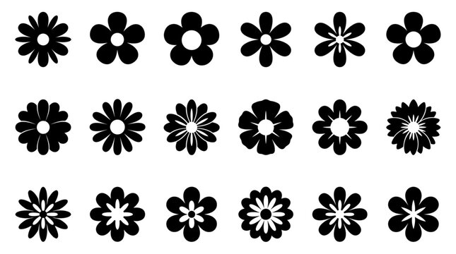 Collection of Black Floral Silhouette Icons for Graphic Design and Decoration