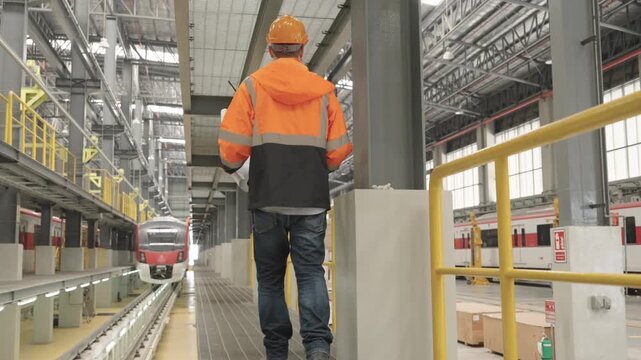 Orange-jacketed engineer examines electric train at transportation facility, reviewing blueprint plans for innovative transit system design and infrastructure development projects.