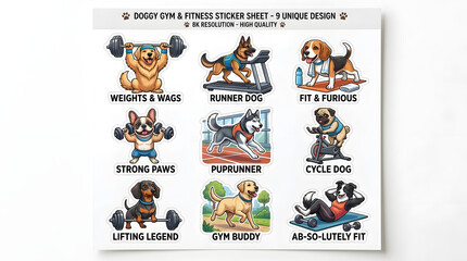 Obraz premium Doggy Gym and Fitness Sticker Sheet: A charming collection of nine unique sticker designs featuring dogs engaged in various fitness activities, from weightlifting to running and cycling.