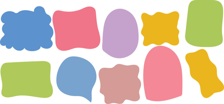 Multicolored pastel speech bubble shapes collection isolated on white background, playful soft tones asymmetric message containers box labels chart, cute lifestyle sticker vector pack
