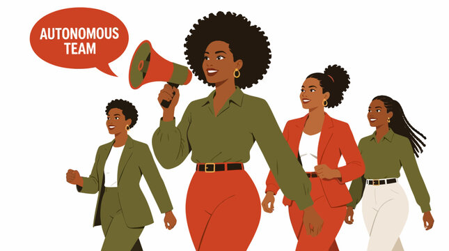 Confident businesswomen team walking together in unity.
