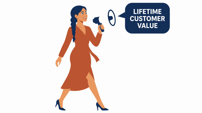 Businesswoman holding megaphone with lifetime customer value text.