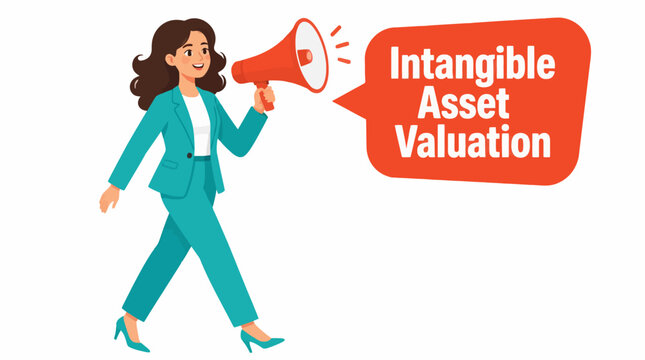 Woman with megaphone announcing intangible asset valuation concept.
