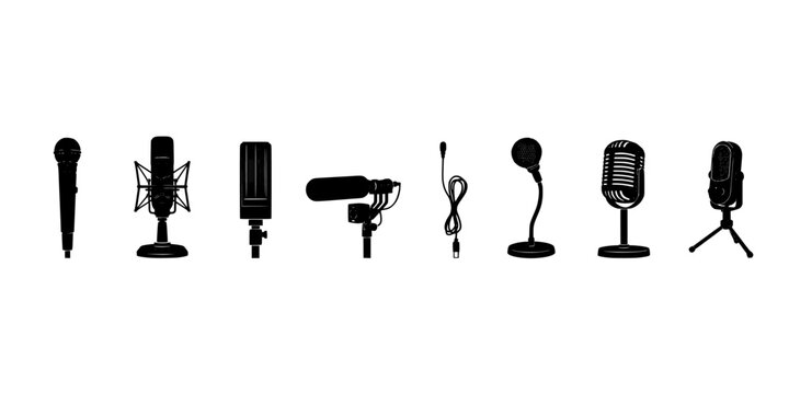 Microphones of Various Types and Designs Arranged in a Row Featuring Microphone, Audio, Recording with Studio and Music Elements for Sound, Equipment
