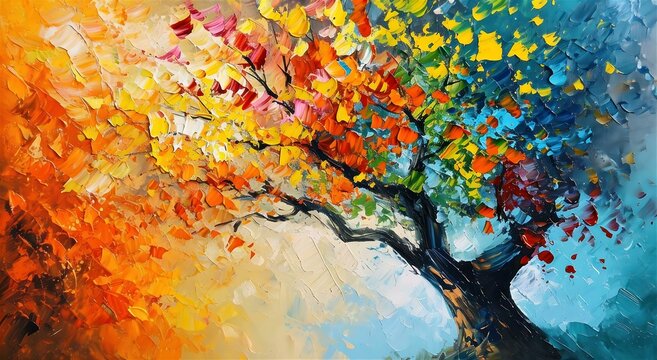 Autumn tree with colorful foliage. 3d illustration, wallpaper paint or art or grafite wallpaper 