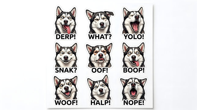 Siberian Husky Expressions Sticker Pack: A collection of nine illustrated Siberian Husky faces, each displaying a unique and humorous expression with accompanying text like Derp!, What?, and Nope!.