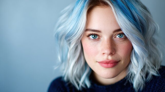 A close-up portrait of a woman with stunning blue hair and captivating blue eyes, radiating confidence and individuality through expressive beauty and modern style.