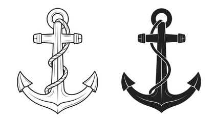 Nautical Anchor Duo: A striking pair of vintage nautical anchors, one outlined in ink and the other a solid silhouette, symbolize strength, stability, and maritime adventure. © hasem