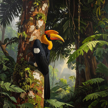 Great Hornbill Bird Perched on a Tree in Tropical Rainforest Painting
