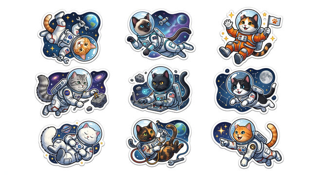Cosmic Feline Adventures: Nine adorable cartoon cats are depicted as astronauts exploring the vast expanse of space, floating among planets, stars.