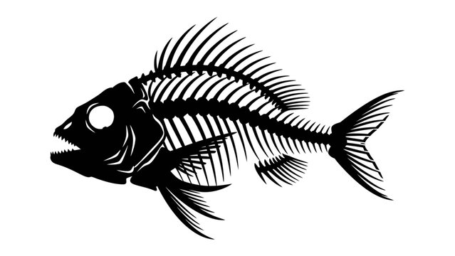Fish skeleton illustration: A stark black and white illustration of a complete fish skeleton, showcasing its intricate bone structure and anatomical detail.