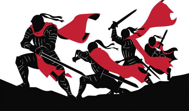 Medieval knights charging in battle with red flags