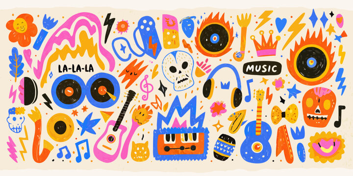 Hand Drawn Doodle Collage With Musical Instruments And Decorative Elements