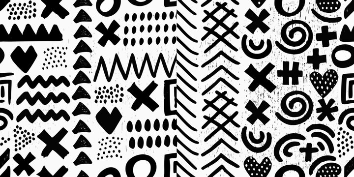 Black and white abstract pattern with hand drawn shapes and textures