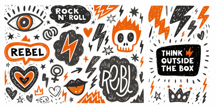Punk Rock Doodle Pattern With Skulls Lightning Bolts And Rebel Typography