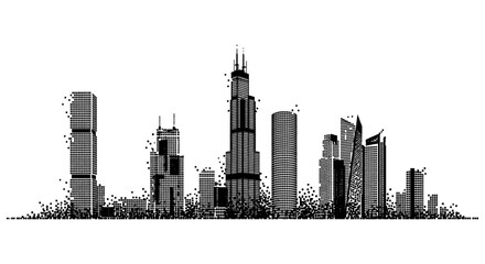 Naklejka premium Pixel art city skyline with black skyscrapers on white background. Retro 8-bit urban cityscape silhouette. Digital metropolitan horizon for gaming.