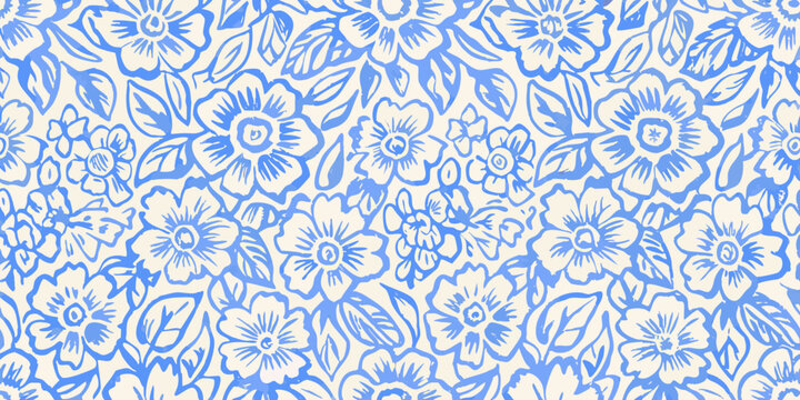 Blue floral ornament a repeating seamless pattern on a white background
