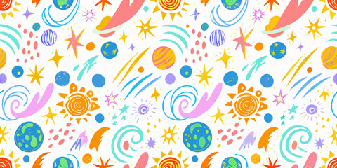 Cosmic doodle pattern with planets stars and swirling shapes on white background © Dipa
