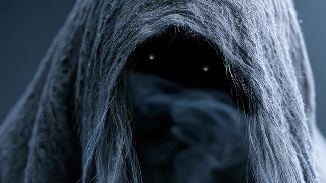 Spooky hooded figure with glowing white eyes and smoke. Dark horror concept and scary halloween character. Cinematic dark grim reaper animation