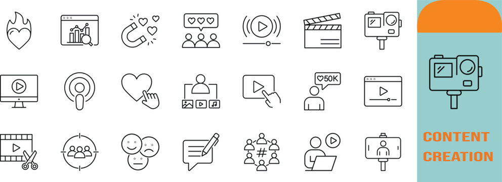 Social media content marketing icons. play button icon set, camera icon set, heart icon set