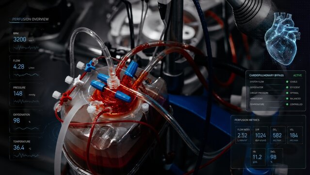 Oxygenator system with stable circulation overview and real time perfusion data, cardiopulmonary bypass technology concept