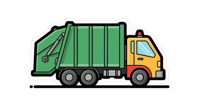 A cartoon-style illustration of a green garbage truck with a yellow and red front