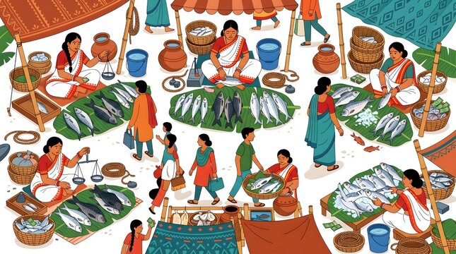 Chaotic Colorful Bengali Fish Market Early Morning Overhead Flat Lay Illustration