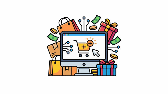 A colorful illustration of a computer surrounded by shopping bags, gifts, and money