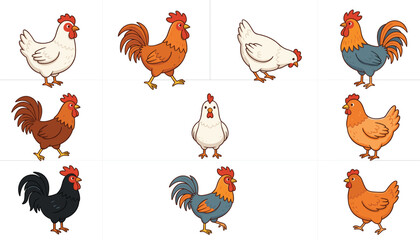 Cute Chicken and Rooster Cartoon Vector Set with Farm Poultry Birds in Various Poses Including Hen, Cockerel, and Chickens for Agriculture Graphic Designs © MdMizanur