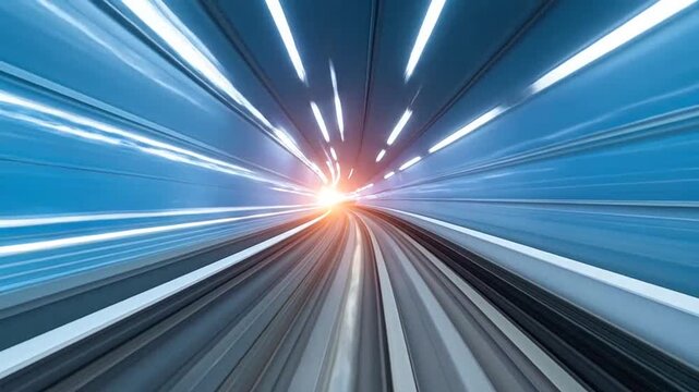 Abstract motion blur of high speed train traveling through a futuristic blue tunnel