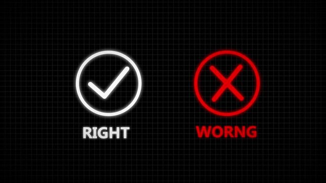 White RIGHT checkmark and red WRONG cross symbols on a dark grid background. motion graphic of right and wrong checkmark concept. 